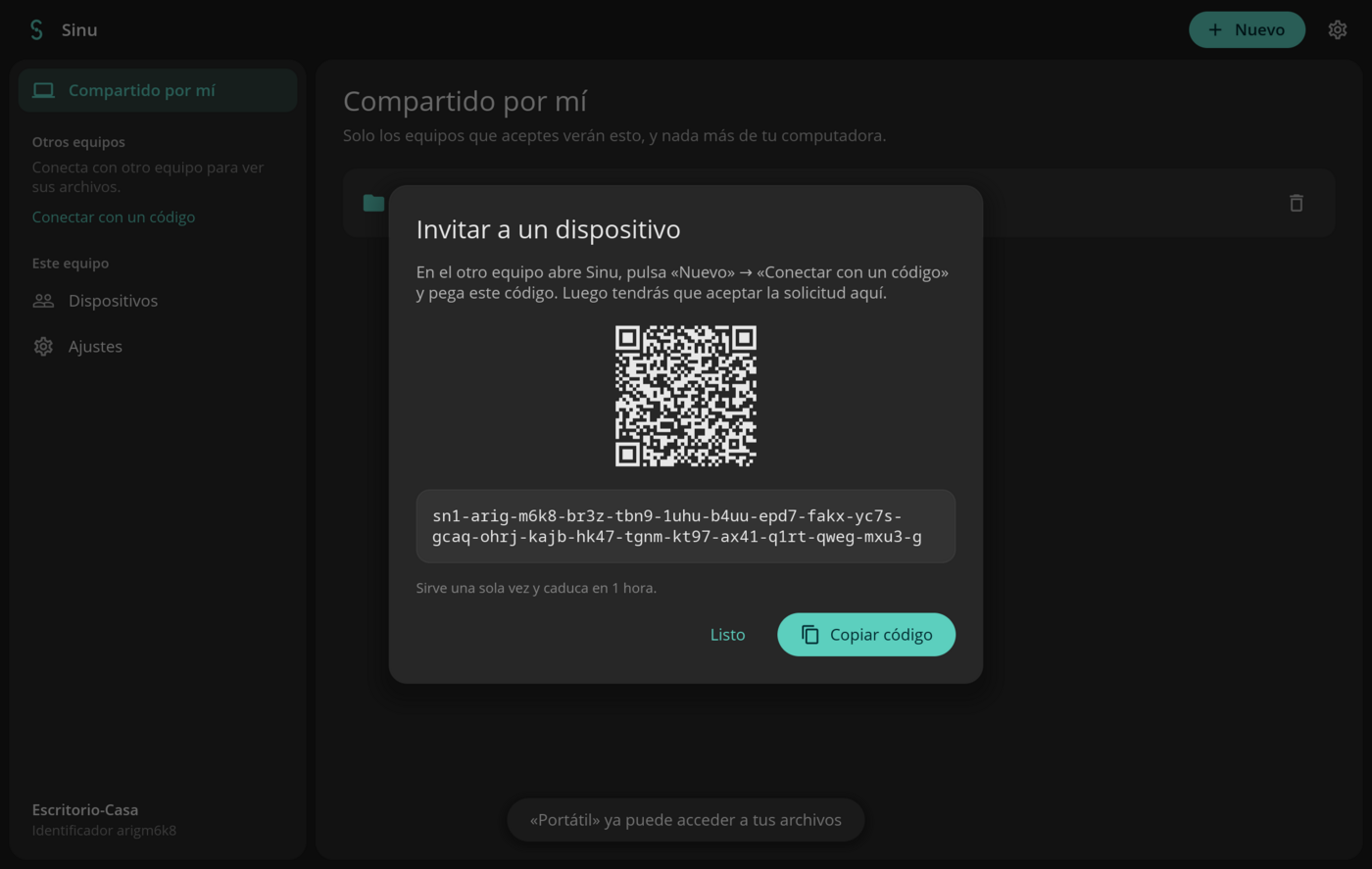 Sinu mostrando un código de invitación de un solo uso, con su código QR.
